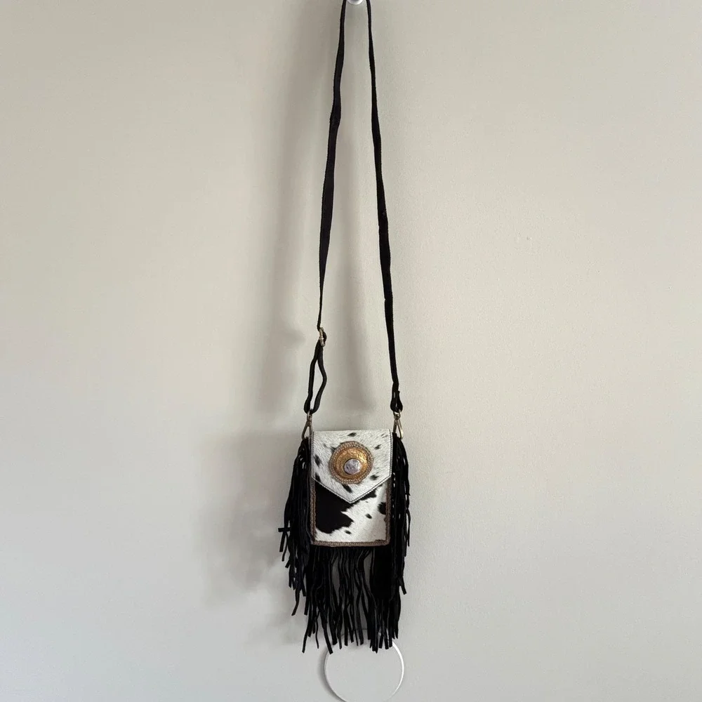Genuine Hair-On Cowhide Fringe Crossbody & Belt Bag Black White Western Concho